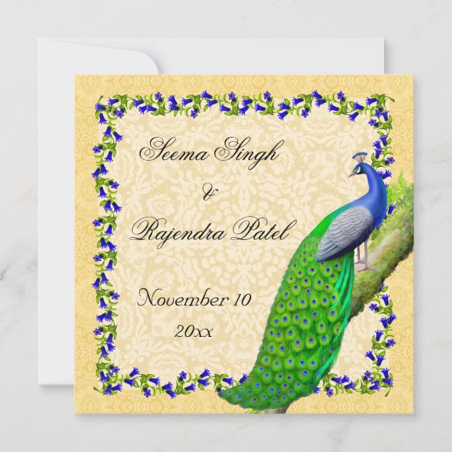 Gold Blue Indian Peacock Save the Date Invite (Front)