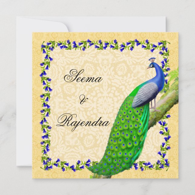 Gold Blue Indian Peacock Wedding Invitation (Front)