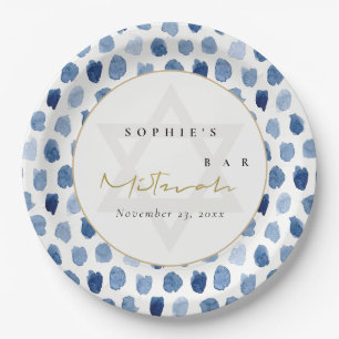 GOLD BLUE INDIGO WATERCOLOR DOTS BAR BAT MITZVAH PAPER PLATE