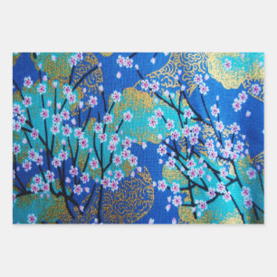 Gold Blue Japanese Kimono Flower Floral Decoupage Wrapping Paper Sheet