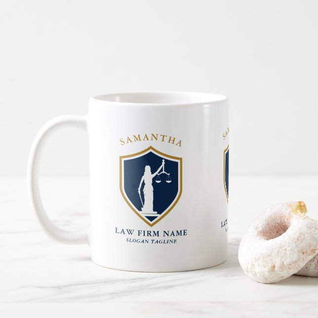 Gold  Blue Lady Justice Logo Custom text Coffee Mug (With Donut)