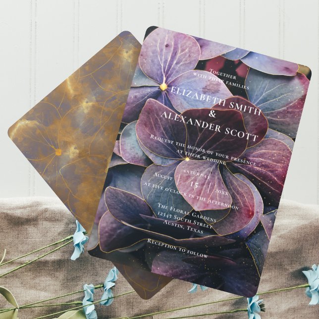 Gold Blue Lavender Purple Hydrangeas Photo Wedding Invitation (Creator Uploaded)