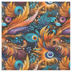 Gold Blue Leaves & Feathers Fabric