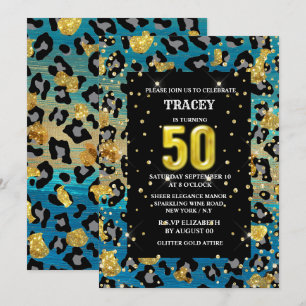 Gold blue leopard print jungle glitter 50th invitation
