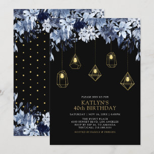 Gold & Blue   Lights, Floral Adult Birthday Party Invitation