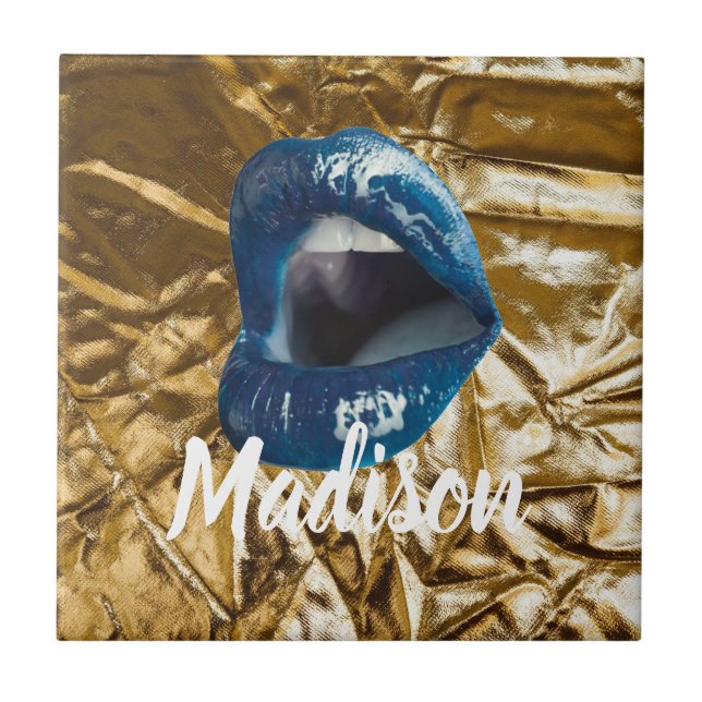 Gold Blue Lips Makeup Beauty Custom Personalized C Tile (Front)