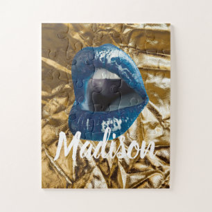 Gold Blue Lips Makeup Beauty Custom Personalized J Jigsaw Puzzle