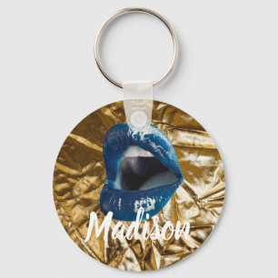 Gold Blue Lips Makeup Beauty Custom Personalized K Keychain