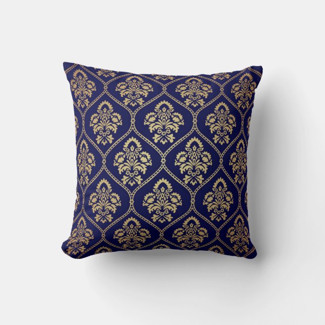 Gold & Blue: Luxury Damask Throw Pillow (Front)