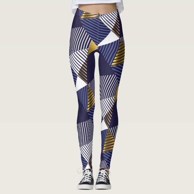 Gold Blue Luxury: Geometric Seamless Pattern Leggings (Front)
