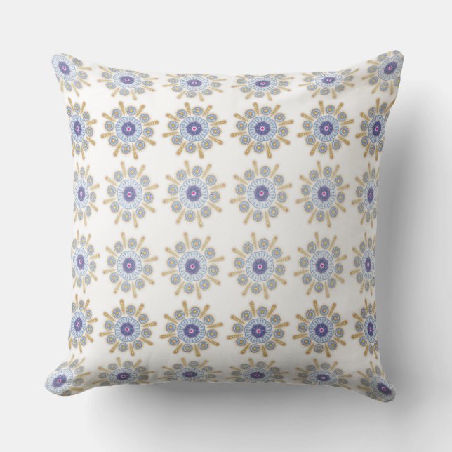 Gold Blue Mandala Flower Throw Pillow (Front)
