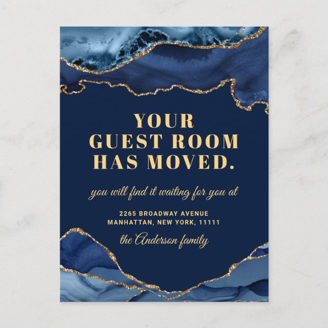 Gold Blue Marble New Address Moving Announcement Postcard (Front)
