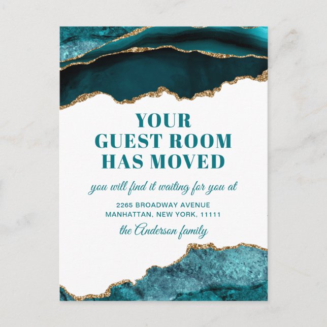 Gold Blue Marble New Address Moving Announcement Postcard (Front)