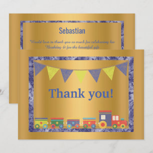 GOLD BLUE MARBLE TRIM TOY TRAIN THANK YOU INVITATION