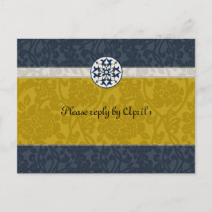 Gold & Blue Medieval Brocade rsvp Invitation Postcard