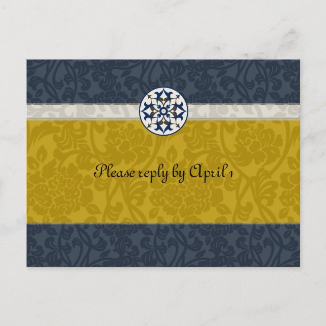 Gold & Blue Medieval Brocade rsvp Invitation Postcard (Front)