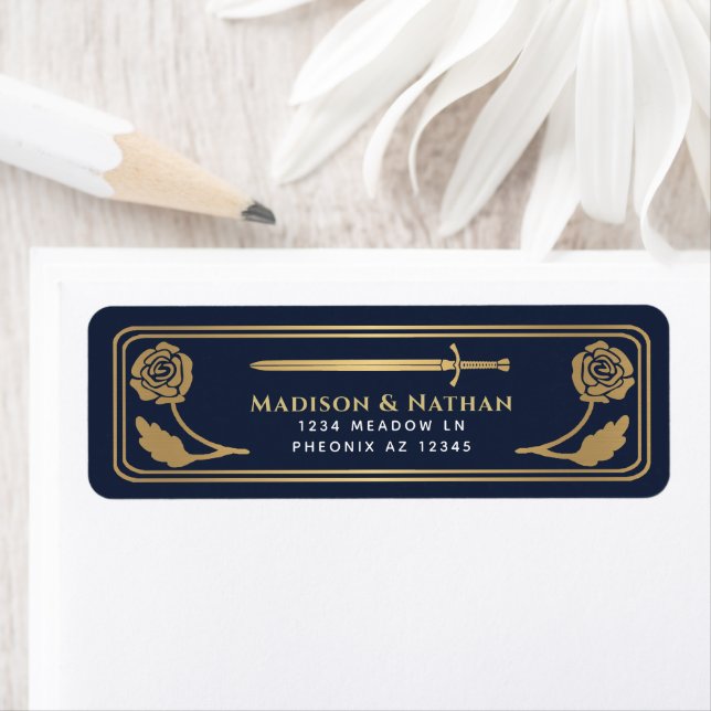 Gold Blue Medieval Fantasy Sword Wedding Label (En situation)