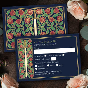 Gold Blue Medieval Floral Sword Wedding RSVP Card