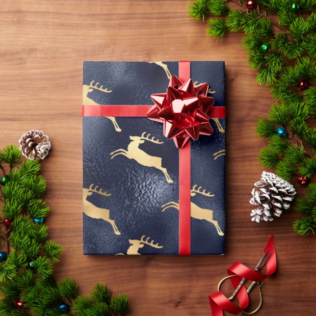 Gold Blue Metallic Reindeer Holiday Wrapping Paper (Holiday Gift)