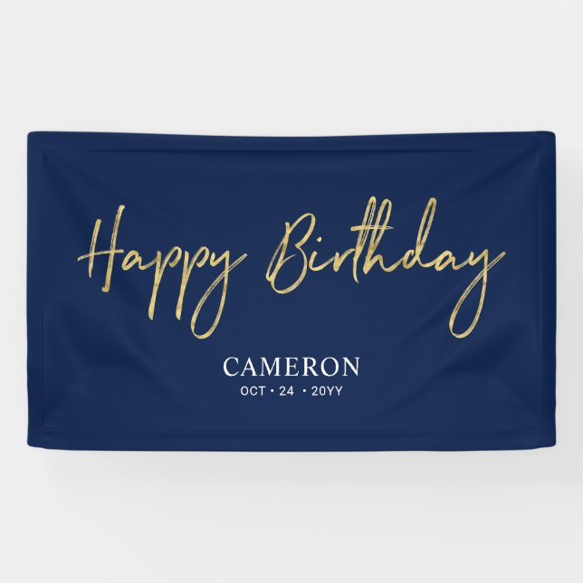 Gold & Blue Minimal Custom Happy Birthday Banner (Horizontal)