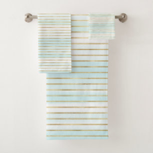 Gold Blue Mint White Beachy Watercolor Stripes     Bath Towel Set
