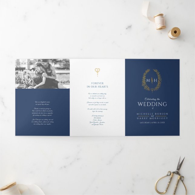 Gold blue monogram wreath dedication wedding Tri-Fold programme (Outside)