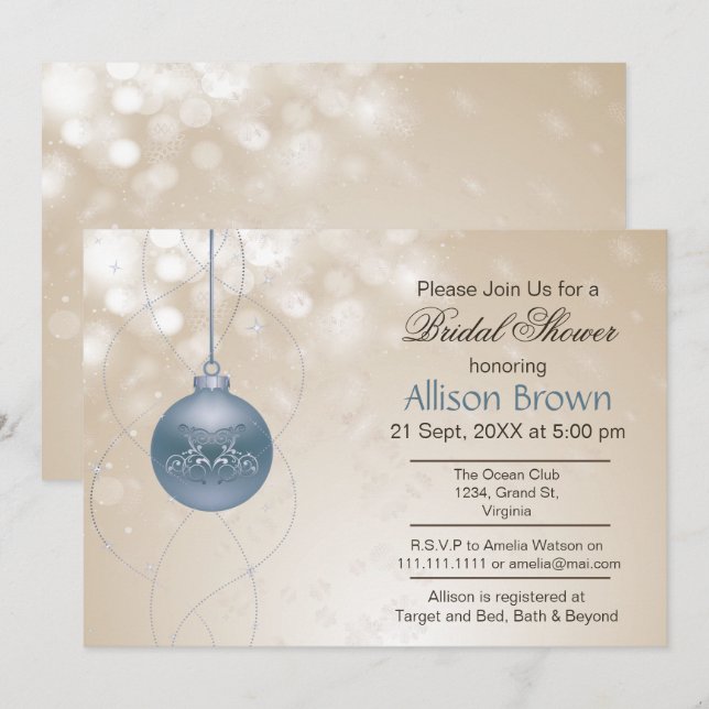 gold blue ornament Snowflakes Winter Bridal Shower Invitation (Front/Back)
