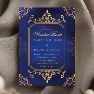 Gold & Blue Ornament Vintage Nuestra Boda Wedding Invitation