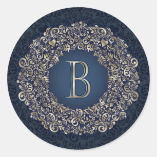 Gold Blue Ornate B Fancy Damask Monogram  Classic Round Sticker