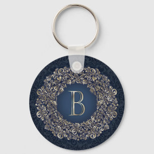 Gold Blue Ornate B Fancy Damask Monogram Keychain