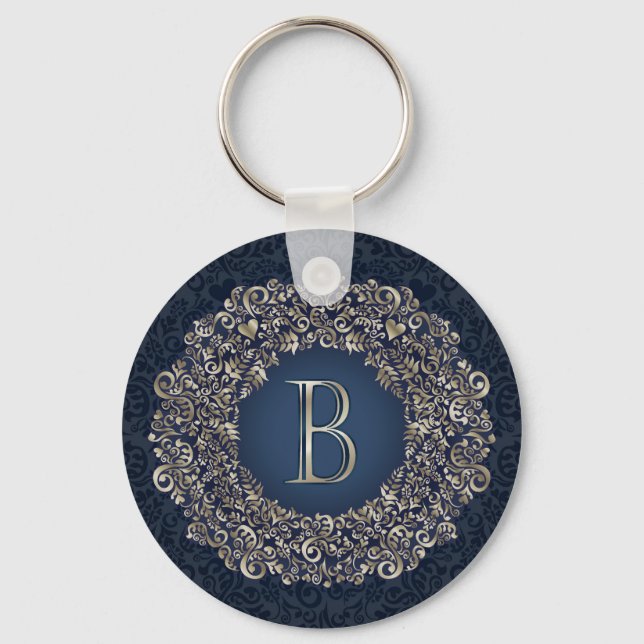 Gold Blue Ornate B Fancy Damask Monogram  Keychain (Front)