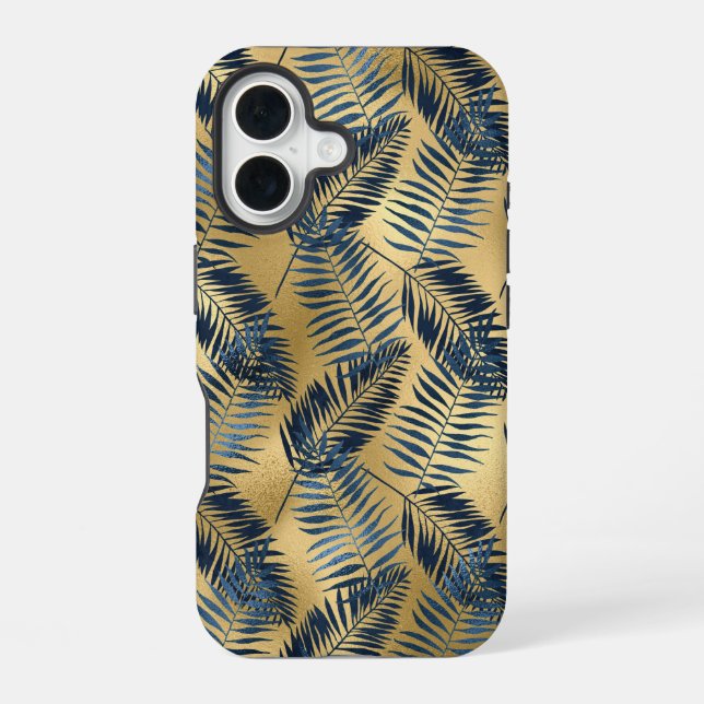 Gold Blue Palm Leaf iPhone 16 Case  (Back)