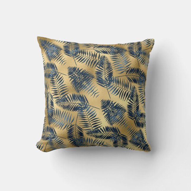 Gold Blue Palm Leaf Throw Pillow  (Front)