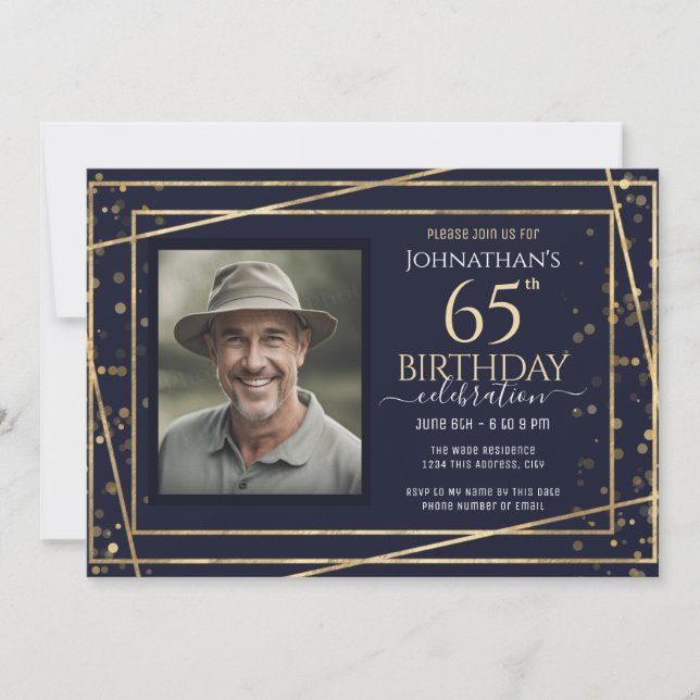 Gold Blue Photo 65th Birthday Party  Invitation (Front)