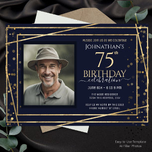 Gold Blue Photo 75th Birthday Party  Invitation