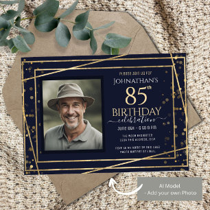 Gold Blue Photo 85th Birthday Party  Invitation
