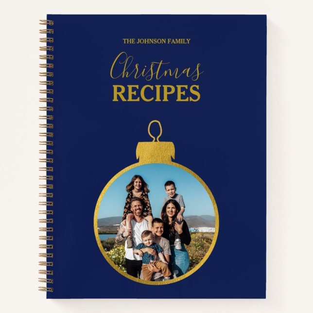 Gold Blue Photo Ornaments Christmas Recipe Notebook (Front)