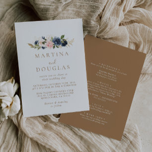 Gold Blue Pink Flowers Back & Front Wedding Invitation