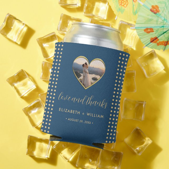 Gold & Blue Polka Dot Personalized wedding Can Cooler (In Situ Summer)