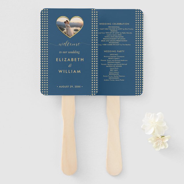 Gold & Blue Polka Dot Personalized wedding Hand Fan (Front and Back)