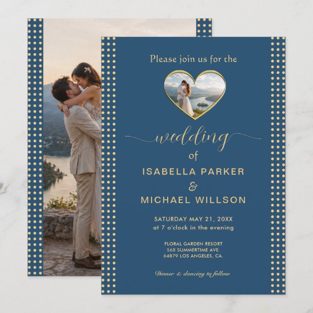 Gold & Blue Polka Dot Personalized wedding Invitation (Front/Back)