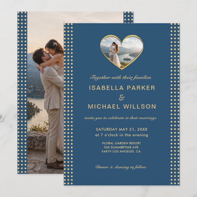 Gold & Blue Polka Dot Personalized wedding Invitation (Front/Back)