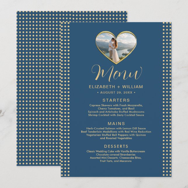 Gold & Blue Polka Dot Personalized wedding Menu (Front/Back)