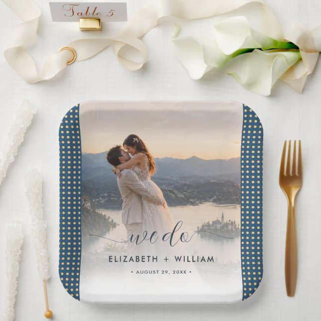 Gold & Blue Polka Dot Personalized wedding Paper Plate (Wedding)