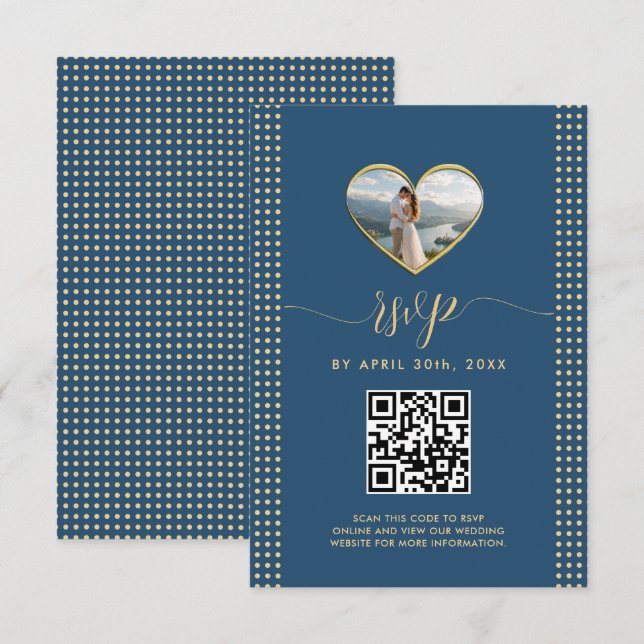Gold & Blue Polka Dot Personalized wedding RSVP Card (Front/Back)