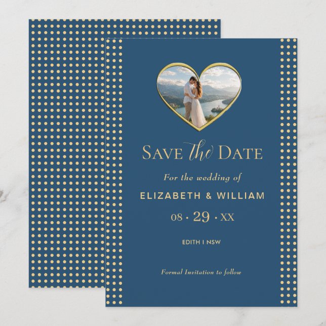 Gold & Blue Polka Dot Personalized wedding Save The Date (Front/Back)