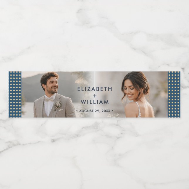 Gold & Blue Polka Dot Personalized wedding Water Bottle Label (Single Label)