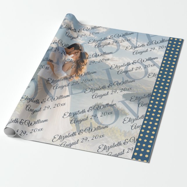 Gold & Blue Polka Dot Personalized wedding Wrapping Paper (Unrolled)