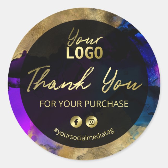 Gold Blue Purple Ink Thank You For Your Purchase Classic Round Sticker (Front)