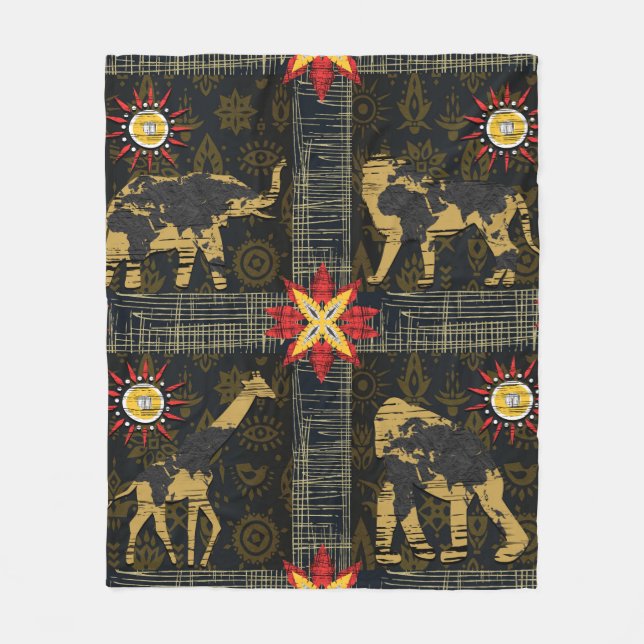 Gold Blue Red Safari World Map African Animals Fleece Blanket (Front)